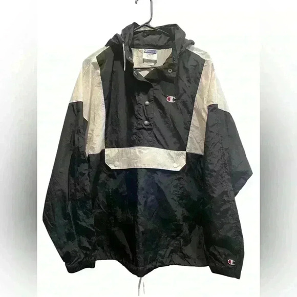 Vintage Champion Medium Black and White 1/2 Button Long Sleeve Windbreaker - Picture 1 of 7